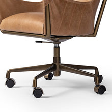 Load image into Gallery viewer, Vintage desk chair
cognac leather desk chair
leather desk chair
bronzed metal frame desk chair
industrial desk chair
desk chair
rustic office chair
metal and leather desk chair
luxury home office chair
mid-century modern desk chair
designer desk chair
warm leather desk chair
statement desk chair