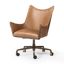 Load image into Gallery viewer, Vintage desk chair
cognac leather desk chair
leather desk chair
bronzed metal frame desk chair
industrial desk chair
desk chair
rustic office chair
metal and leather desk chair
luxury home office chair
mid-century modern desk chair
designer desk chair
warm leather desk chair
statement desk chair