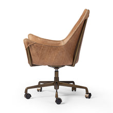 Load image into Gallery viewer, Vintage desk chair
cognac leather desk chair
leather desk chair
bronzed metal frame desk chair
industrial desk chair
desk chair
rustic office chair
metal and leather desk chair
luxury home office chair
mid-century modern desk chair
designer desk chair
warm leather desk chair
statement desk chair