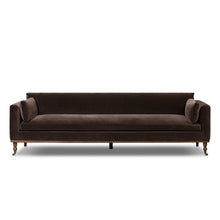 Load image into Gallery viewer, Mid Century Modern sofa
96 inch sofa
extra long sofa
cocoa velvet sofa
brown velvet sofa
velvet mid century sofa
sofa with caster feet
vintage style sofa
modern velvet couch
retro velvet couch
deep seat sofa
statement sofa
classic velvet couch
caster leg couch
