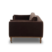 Load image into Gallery viewer, Mid Century Modern sofa
96 inch sofa
extra long sofa
cocoa velvet sofa
brown velvet sofa
velvet mid century sofa
sofa with caster feet
vintage style sofa
modern velvet couch
retro velvet couch
deep seat sofa
statement sofa
classic velvet couch
caster leg couch