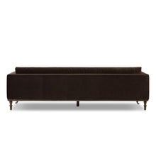 Load image into Gallery viewer, Mid Century Modern sofa
96 inch sofa
extra long sofa
cocoa velvet sofa
brown velvet sofa
velvet mid century sofa
sofa with caster feet
vintage style sofa
modern velvet couch
retro velvet couch
deep seat sofa
statement sofa
classic velvet couch
caster leg couch
