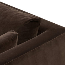 Load image into Gallery viewer, Mid Century Modern sofa
96 inch sofa
extra long sofa
cocoa velvet sofa
brown velvet sofa
velvet mid century sofa
sofa with caster feet
vintage style sofa
modern velvet couch
retro velvet couch
deep seat sofa
statement sofa
classic velvet couch
caster leg couch
