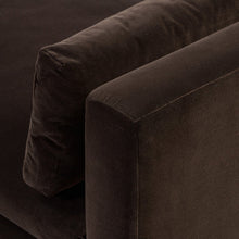 Load image into Gallery viewer, Mid Century Modern sofa
96 inch sofa
extra long sofa
cocoa velvet sofa
brown velvet sofa
velvet mid century sofa
sofa with caster feet
vintage style sofa
modern velvet couch
retro velvet couch
deep seat sofa
statement sofa
classic velvet couch
caster leg couch
