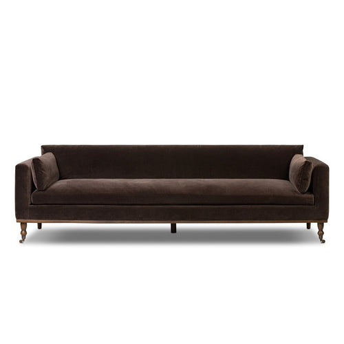 Mid Century Modern sofa
96 inch sofa
extra long sofa
cocoa velvet sofa
brown velvet sofa
velvet mid century sofa
sofa with caster feet
vintage style sofa
modern velvet couch
retro velvet couch
deep seat sofa
statement sofa
classic velvet couch
caster leg couch
