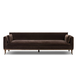 Mid Century Modern sofa
96 inch sofa
extra long sofa
cocoa velvet sofa
brown velvet sofa
velvet mid century sofa
sofa with caster feet
vintage style sofa
modern velvet couch
retro velvet couch
deep seat sofa
statement sofa
classic velvet couch
caster leg couch
