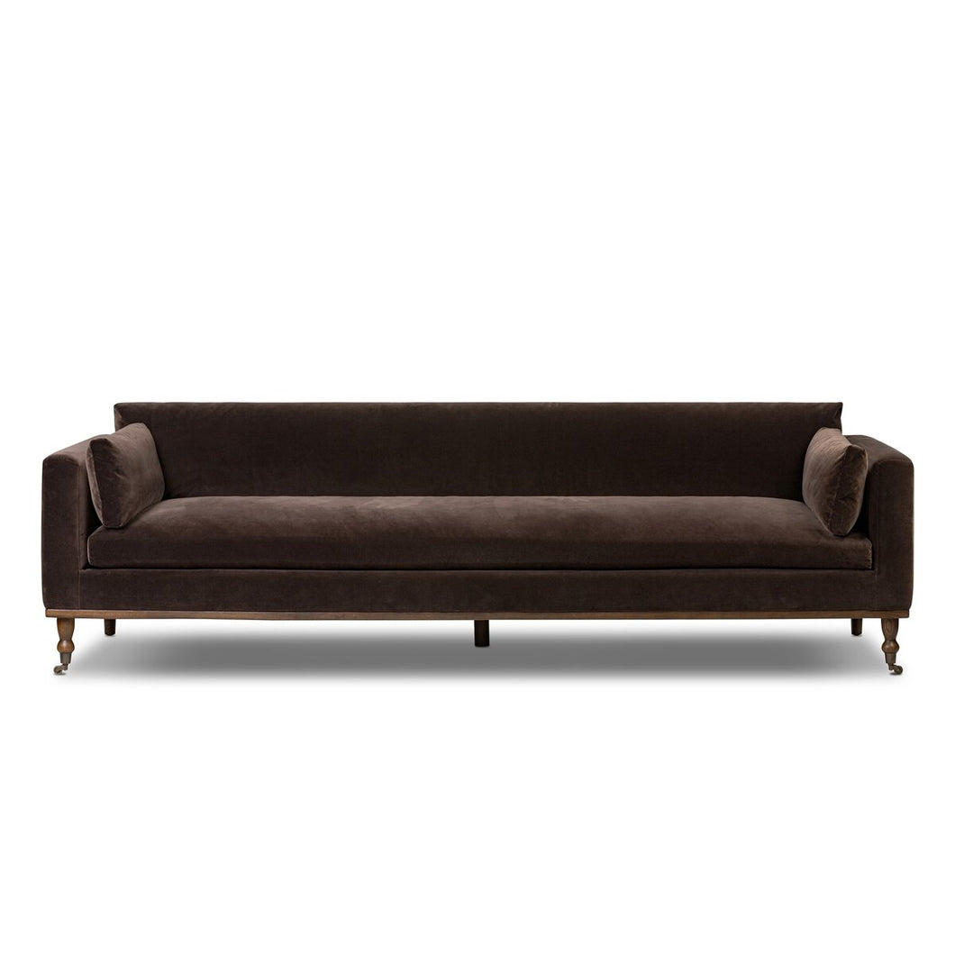 Mid Century Modern sofa
96 inch sofa
extra long sofa
cocoa velvet sofa
brown velvet sofa
velvet mid century sofa
sofa with caster feet
vintage style sofa
modern velvet couch
retro velvet couch
deep seat sofa
statement sofa
classic velvet couch
caster leg couch