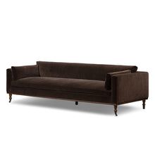 Load image into Gallery viewer, Mid Century Modern sofa
96 inch sofa
extra long sofa
cocoa velvet sofa
brown velvet sofa
velvet mid century sofa
sofa with caster feet
vintage style sofa
modern velvet couch
retro velvet couch
deep seat sofa
statement sofa
classic velvet couch
caster leg couch
