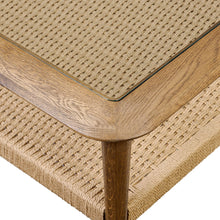 Load image into Gallery viewer, Brown oak coffee table
natural paper cord
tempered glass coffee table
coffee table with storage
display table
modern rustic coffee table
minimalist coffee table
wood and glass table
living room coffee table
multi-material coffee table
contemporary coffee table
