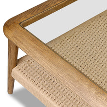 Load image into Gallery viewer, Brown oak coffee table
natural paper cord
tempered glass coffee table
coffee table with storage
display table
modern rustic coffee table
minimalist coffee table
wood and glass table
living room coffee table
multi-material coffee table
contemporary coffee table
