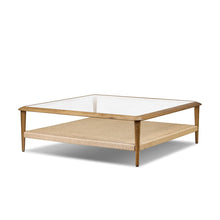 Load image into Gallery viewer, Brown oak coffee table
natural paper cord
tempered glass coffee table
coffee table with storage
display table
modern rustic coffee table
minimalist coffee table
wood and glass table
living room coffee table
multi-material coffee table
contemporary coffee table
