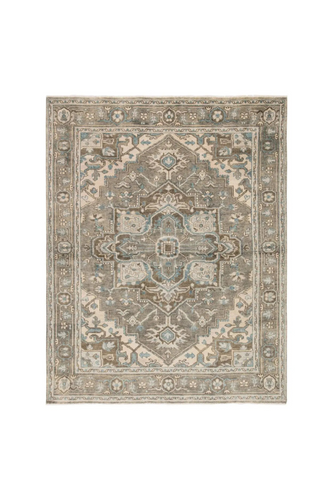 hand knotted wool rug
Serapi rug design
transitional style rug
bold center medallion rug
intricate border detail rug
vibrant rug hues
neutral gray brown cream rug
heirloom quality rug
artisan craftsmanship rug
timeless home decor