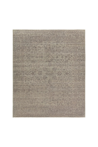 hand knotted wool rug
heirloom craftsmanship rug
vintage inspired rug
abrashed pattern
washed medallion design rug
gray and cream rug
subtle black accents
timeless elegant rug
sophisticated home decor rug
durable artisan rug